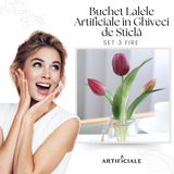 Buchet de Lalele Artificiale în Ghiveci de Sticlă, 21 cm, Disponibil în 4 Culori (Lila, Alb, Roșu Apus, Roz Deschis)