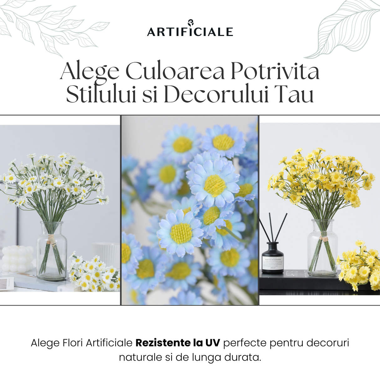 Buchet de Margarete Artificiale - 6 Fire, Disponibil în 3 Culori (Alb, Albastru, Galben)