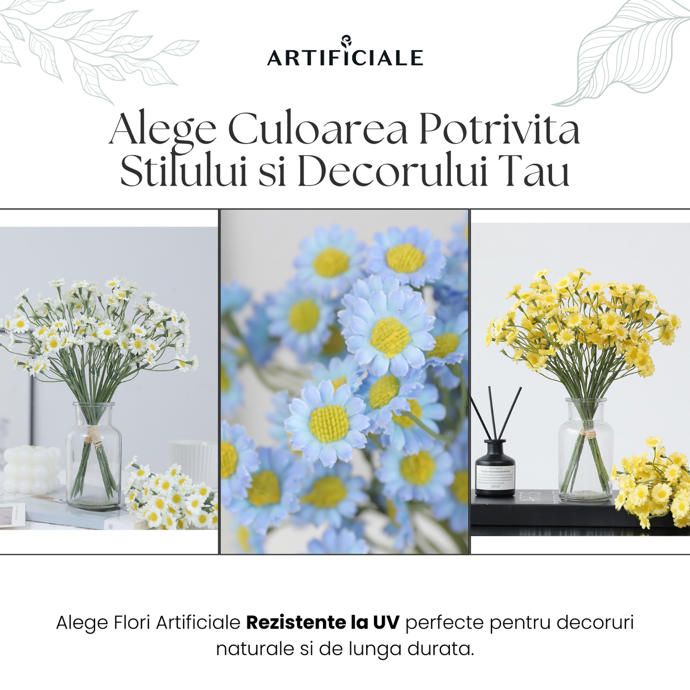 Buchet de Margarete Artificiale - 6 Fire, Disponibil în 3 Culori (Alb, Albastru, Galben)