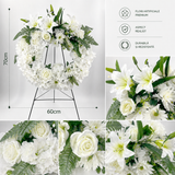 Coroana Funerara Artificiala Alba Premium cu Trandafiri, Crini si Hortensii – 70x60 cm
