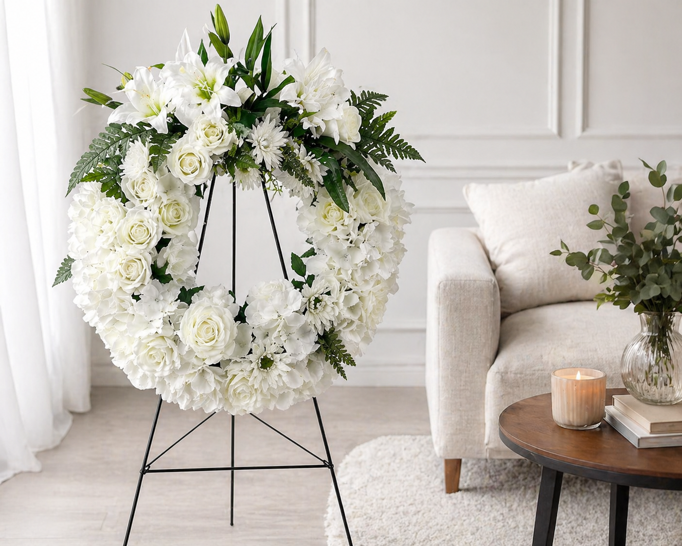 Coroana Funerara Artificiala Alba Premium cu Trandafiri, Crini si Hortensii – 70x60 cm