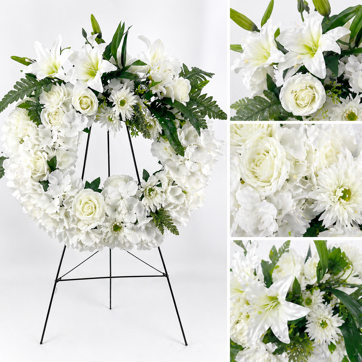 Coroana Funerara Artificiala Alba Premium cu Trandafiri, Crini si Hortensii – 70x60 cm
