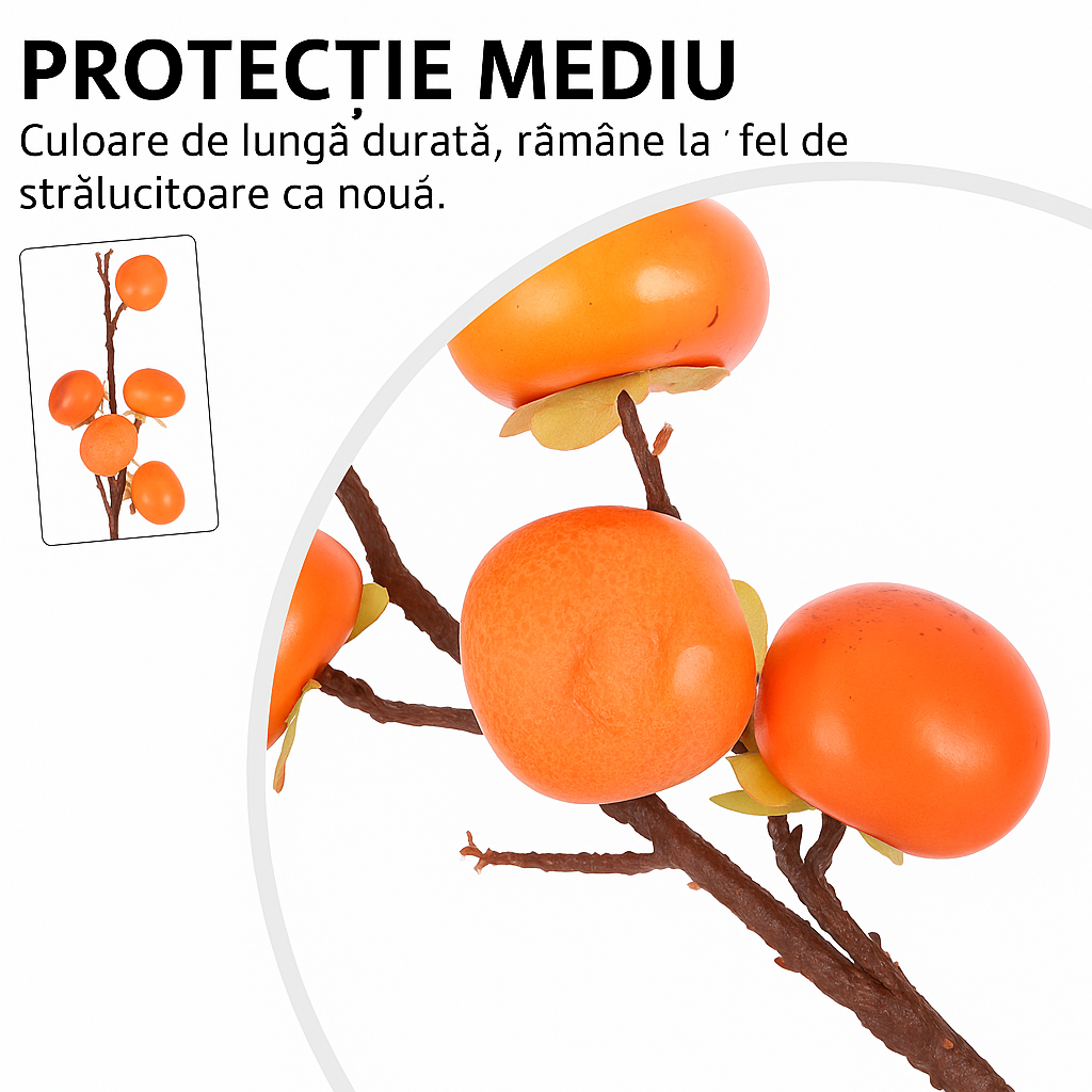 Buchet de 5 Fire Fructe Decorative Persimmon (Kaki Decorativ), Portocaliu, 52 cm