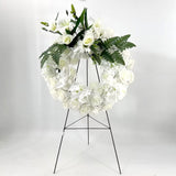 Coroana Funerara Artificiala Alba Premium cu Trandafiri, Crini si Hortensii – 70x60 cm