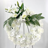 Coroana Funerara Artificiala Alba Premium cu Trandafiri, Crini si Hortensii – 70x60 cm