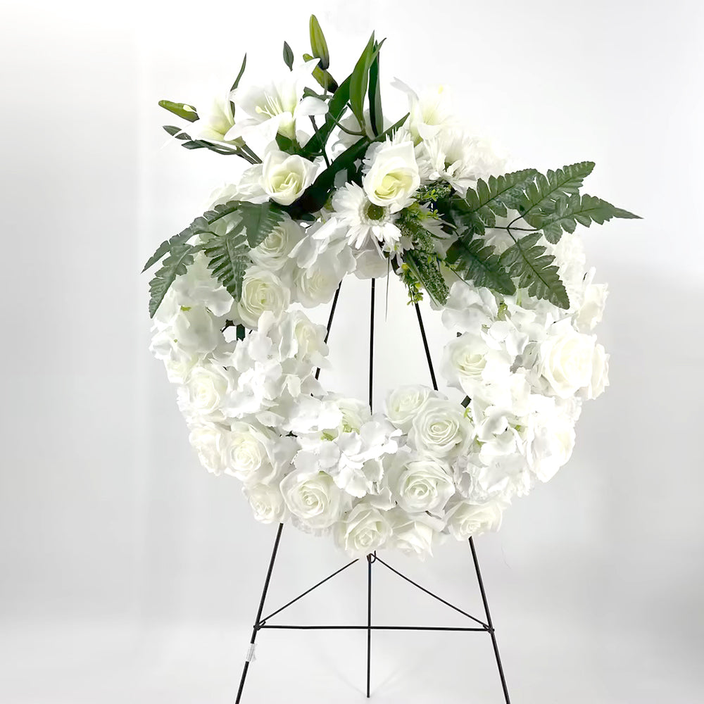 Coroana Funerara Artificiala Alba Premium cu Trandafiri, Crini si Hortensii – 70x60 cm