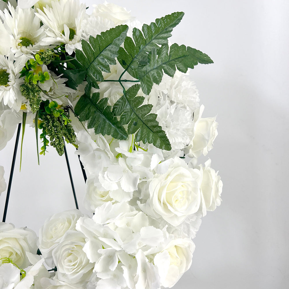 Coroana Funerara Artificiala Alba Premium cu Trandafiri, Crini si Hortensii – 70x60 cm