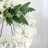 Coroana Funerara Artificiala Alba Premium cu Trandafiri, Crini si Hortensii – 70x60 cm
